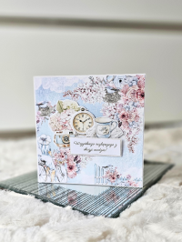 Kartka urodzinowa w wiejskim stylu - kobieta na rowerze